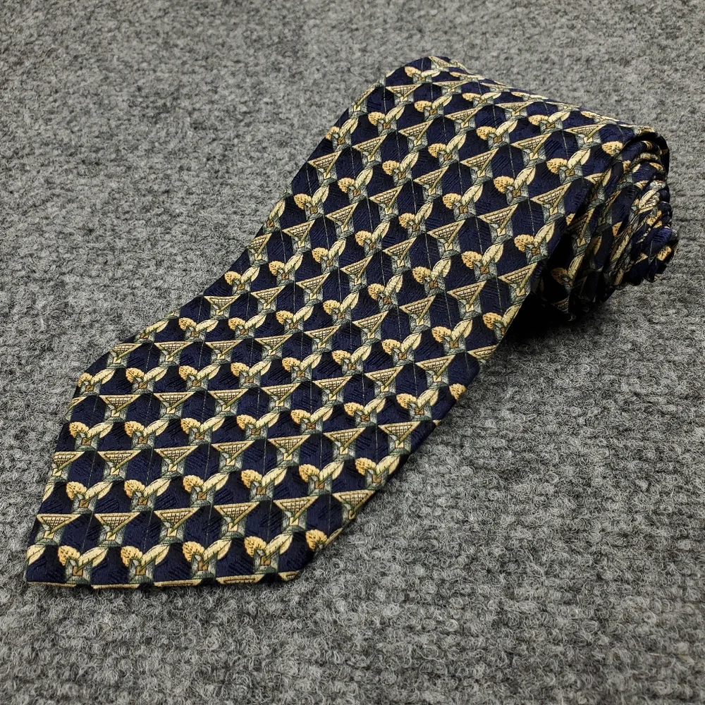 Ermenegildo Zegna Tie 100% Silk Geometric Leaf Print Navy Gold Made in Italy